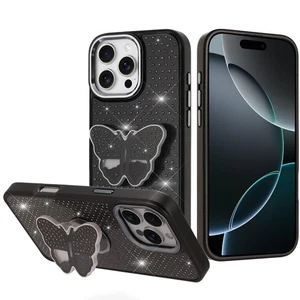 For iPhone 16 PRO MAX Case Butterfly Grip Stand Faux Crystals + Tempered Glass - Picture 1 of 12