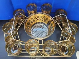 Culver Valencia MCM Glass Barware Set 22kt Gold ,Green Diamonds & Caddy - Picture 1 of 13