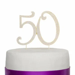 50 Gold Rhinestone Cake Topper - Fifty 50th Birthday Anniversary Decoration - Picture 1 of 5