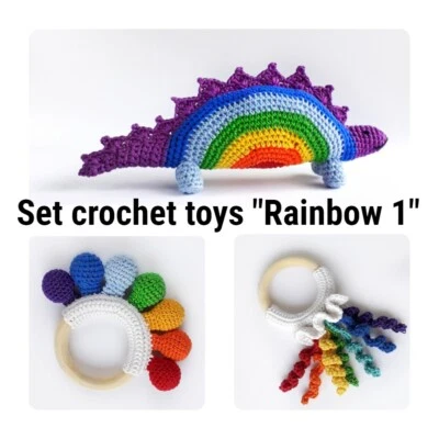 Crochet Pattern bundle rattle rainbow toy beads and jellyfish, Crochet Dinosaur  - Image 1 of 4