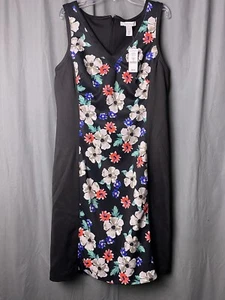 WHITE HOUSE BLACK MARKET Black Floral Sleeveless V-Neck Scuba Sheath Dress Sz 12 - Picture 1 of 16