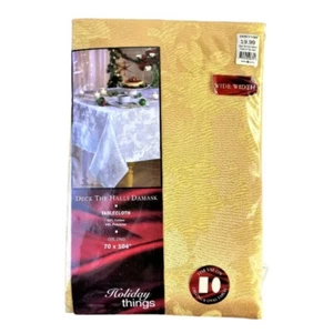 Vintage Deck The Halls GOLD Damask Tablecloth Linens-n-Things Thanksgiving Fall - Picture 1 of 6