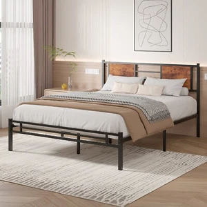 Full Queen King Size Bed Frame w/Wooden Headboard Heavy Duty Metal Bed Platform - Picture 1 of 34