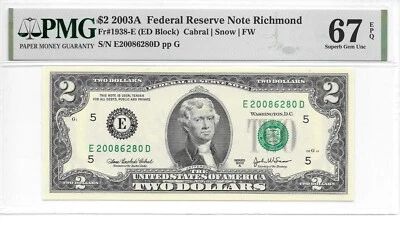 2003A Richmond $2 FRN ED Block Sheet Note PMG 67 EPQ Superb Gem Uncirculated - Image 1 of 4