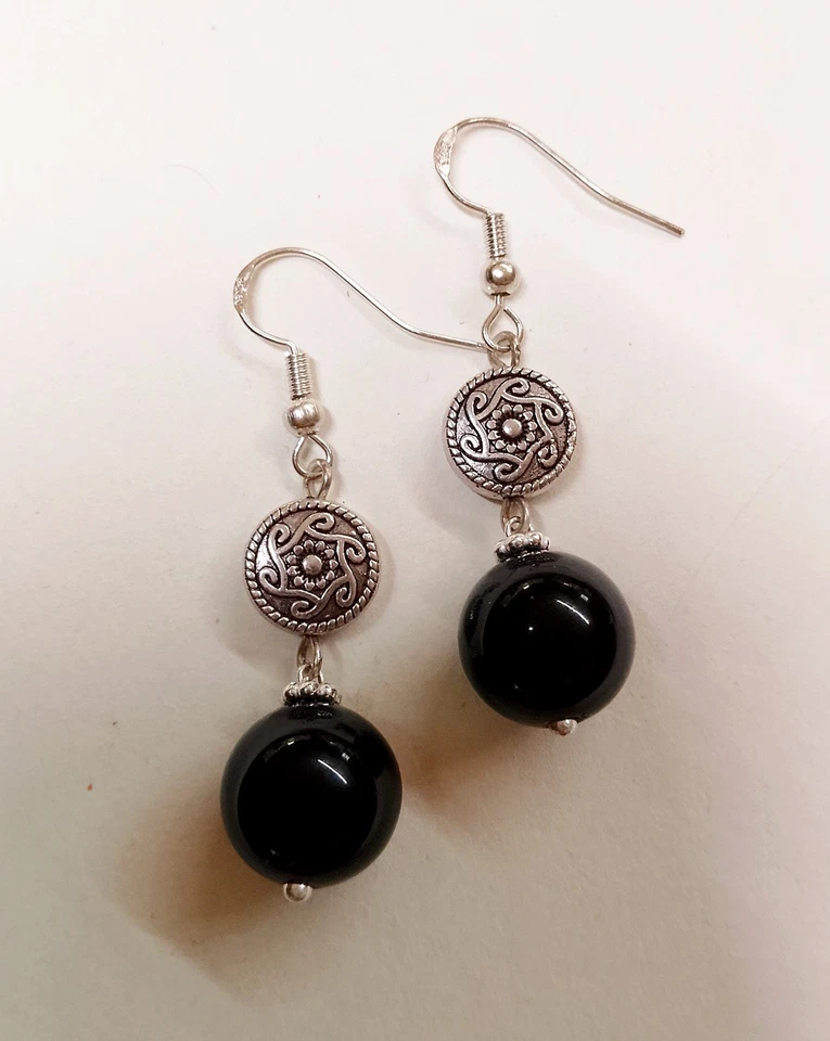 Orecchini Argento 925 Tondi Tibetano E Onice - Immagine 1 di 1