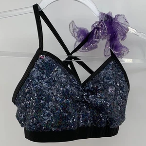 Schwarzes Pailletten Tanz BH-Top mit Trägern Rücken & passendem Scrunchie Jugend MC - Bild 1 von 9