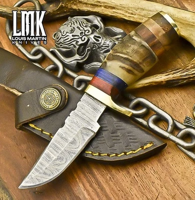 Cuchillo desollador de caza personalizado LMK torcido cuerno de carnero de damasco caza Foto 1 de 4