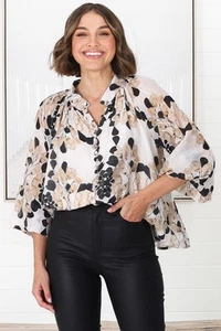 Portia Blouse - Button Down Lace Detail Shirt in Calea Beige Print - Picture 1 of 20