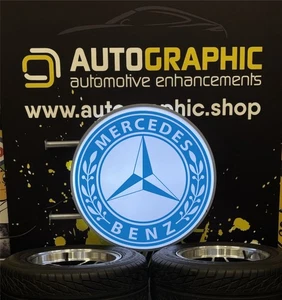Mercedes Logo Light Up Box Man Cave Circle Wall Sign Workshop Garage - Picture 1 of 4