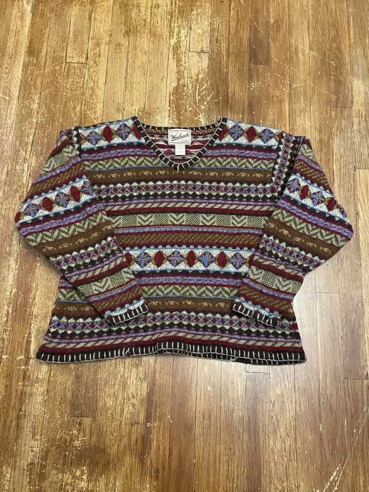 Vintage Woolrich 3D Knit Patterned Multicolor Wool Knit V-Neck Sweater Large - Image 1 of 4