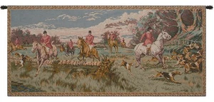 English Hunting Scene French Tapestry Wall Art Hanging - Decor (New) 29x64 inch - Picture 1 of 6
