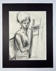 Vtg Pastel Sketch Women Artist Drawing On Easel 14x11” Art Portrait - Picture 1 of 11