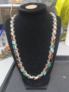 Vintage Sterling Silver Turquoise Multi Stone Link Necklace 20" CJC J-9 (7) - Picture 1 of 5