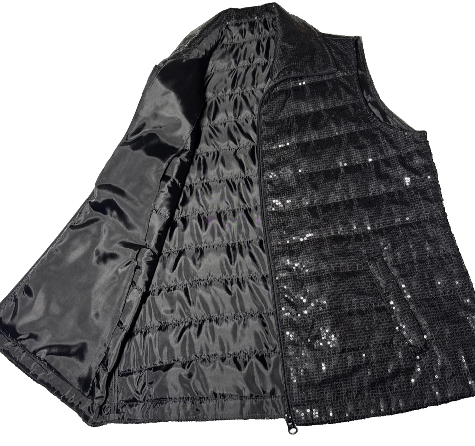 Women's Sequin Quilted Vest Black Full front Zipper Pockets Full Pointed Collar - Image 1 of 4