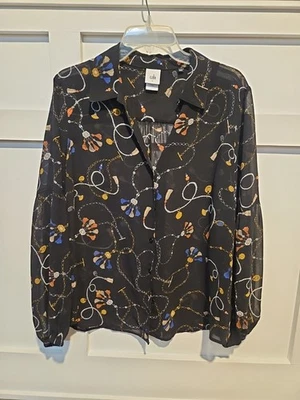 Blusa Cabi 3861 Victoria Manga Globo Transparente Talla L Negra Borla Estampado Cadena Foto 1 de 4