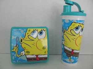Tupperware SPONGEBOB Schwammkopf ~ quadratischer SANDWICHBEHÄLTER & BECHER mit Klappverschlussverschluss - Bild 1 von 5