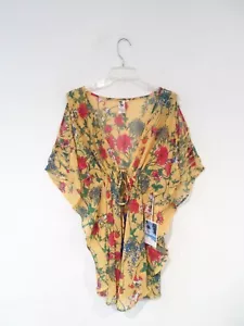 NEW Violet Sky Women's Tunic Size Large Yellow Floral Sheer Coverup Tie V-Neck - Picture 1 of 8