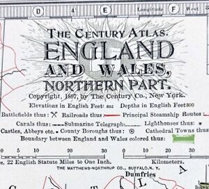 1899 Northern England Wales Map Liverpool Sheffield STEAMSHIPS RAILWAYS PORTS