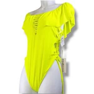 NWT TiniBikini One Piece Ruffle Off the Shoulder Cuttout Citrus Neon Yellow Sz M - Picture 1 of 17
