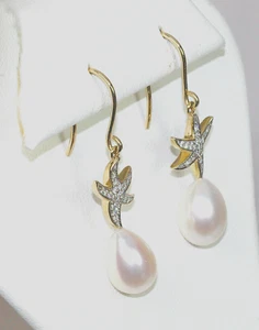 14K, PEARL EARRINGS, DIAMOND STARFISH , SOUTH SEA PEARL, DROP DANGLE - Picture 1 of 5