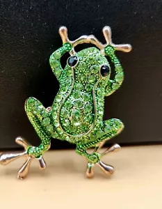 Funkelnd grüner Kristall BAUMFROSCH Pin/Brosche mit schwarzen Kristallaugen, EUC - Bild 1 von 13