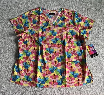 Koi French Bull Scrub Top Women’s Sz 2X Bora Yellow Floral Nursing Medical - Image 1 of 4