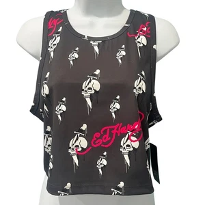 Ed Hardy Gray White Skull Knife Logo Cropped Tank Top size L NEW Tags Racerback - Picture 1 of 8