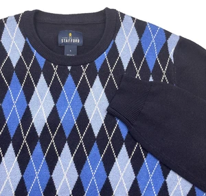 STAFFORD  Mens L Crew Neck Blue Wool Cashmere Blend Argyle Pullover Sweater - Picture 1 of 10