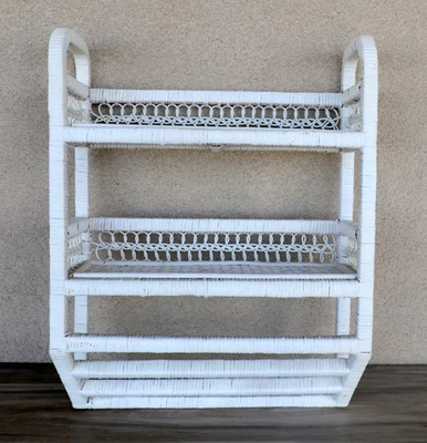 Vintage White Wicker Wall Shelf Storage French Country Cottage Core Towel Bars - Image 1 of 4