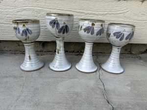 Studio Art Pottery Ceramic Wine Goblets Vessels Set Of 4 Cabin Rustic Cottage - Picture 1 of 7