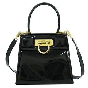 Salvatore Ferragamo Gancini Patent Leather 2way Shoulder Handbag Black Gold - Picture 1 of 21