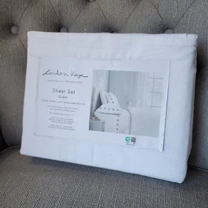 London Kaye Queen Size Soft Sheet Set White Green Mushrooms 100% Cotton NWT - Picture 1 of 5