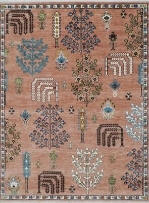 Contemporary Spanish Pink Freedom Tree Wool Rug Hand Knotted Oushak Area Rug - Image 1 of 4
