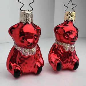 2 cravatte vintage Inge-Glas orsacchiotto vetro decorazione natalizia Germania rosso glitter fiocco - Foto 1 di 8