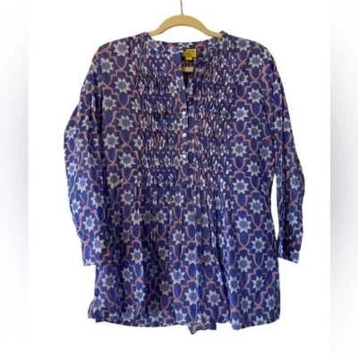 ROBERTA ROLLER RABBIT / blue Cotton top blouse geometric pin tucked xs - Image 1 of 4