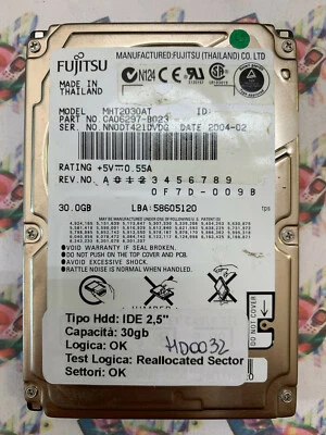 Hard Disk Usato IDE 2,5" 30GB FUJITSU MHT2030AT CA06297-B023 2004-02 - Immagine 1 di 4