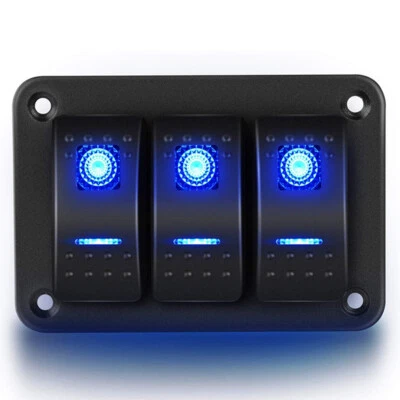 Car 3 Gang Toggle Rocker Switch Panel ON-OFF Boat Marine Truck Blue LED Aluminum - Image 1 of 4