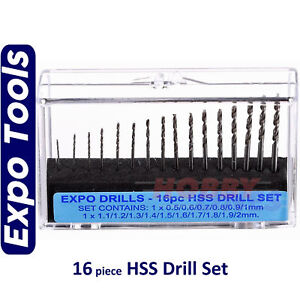 HSS DRILL BIT SET 16pc range 0.5 - 2.0mm Storage Case Expo Tools 11516