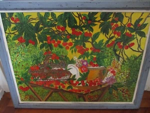 VINTAGE FRENCH PAINTING CHERRY TREE GARDEN - Picture 1 of 9
