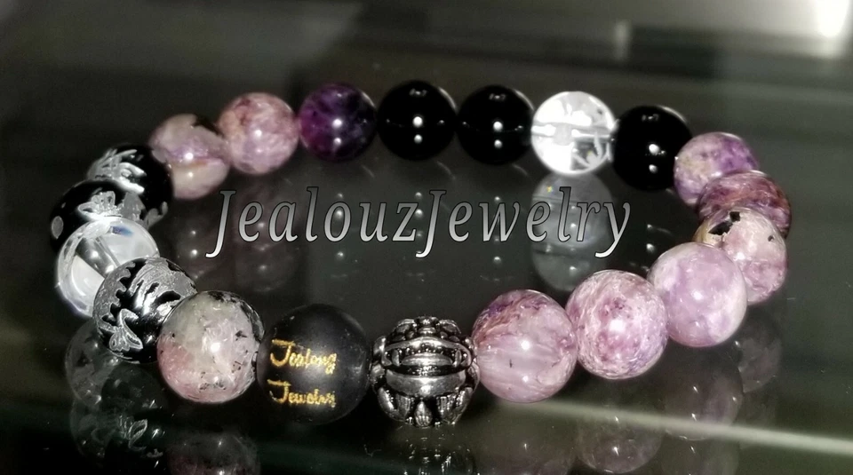 Sterling Silver Lucky Dragon Charoite Mala Mens Luxury Yoga Gemstone Bracelet - Image 1 of 1