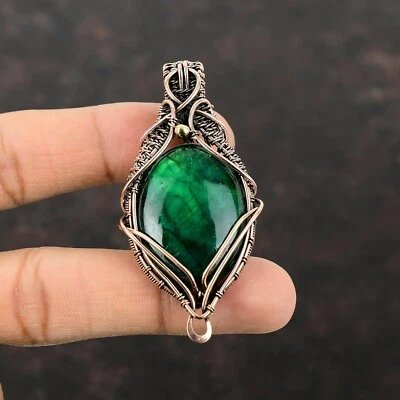 Green Fire Labradorite Copper Gift For Bestie Wire Wrapped Pendant 2.68" - Image 1 of 4
