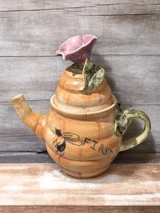 Folk Art Studio Pottery Teapot Beehive with Flower Top Bluemont Virginia Signed - Picture 1 of 21