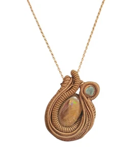 Wire Wrapped Pendant Featuring A Stunning & Large Opal Centerpiece + Aquamarine - Picture 1 of 4