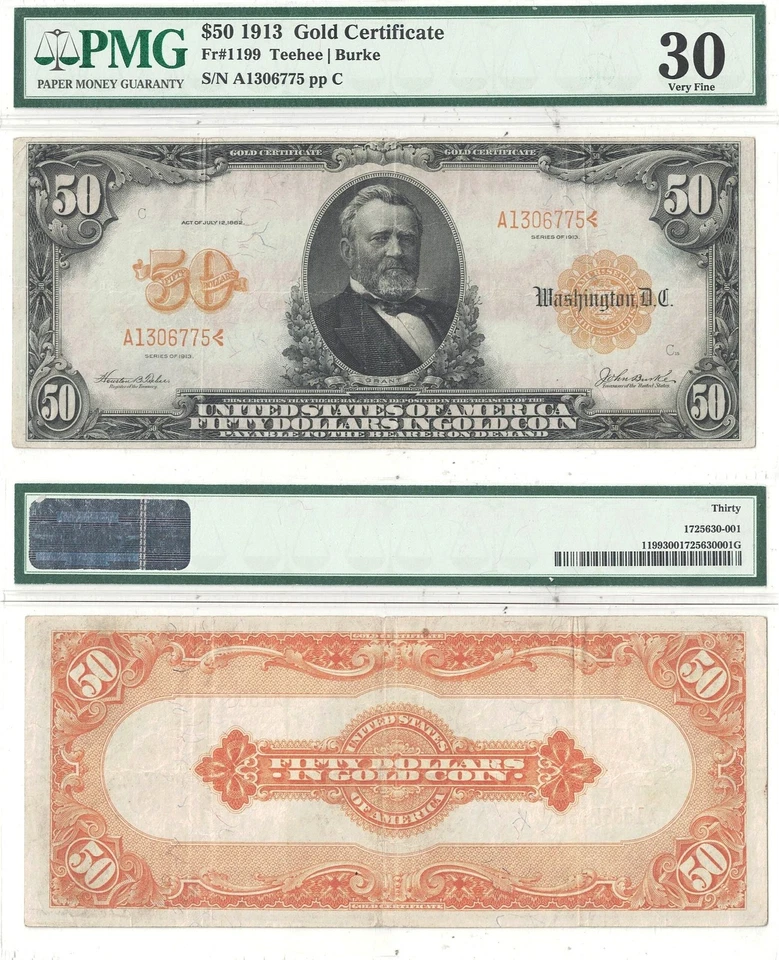 1913 $50 Gold Certificate Fr-1199 PMG VF-30 - Image 1 of 3