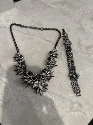 Stunning Banana Republic Black Rhinestone Bib Statement Necklace & Bracelet - Image 1 of 3