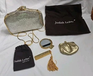JUDITH LEIBER Vintage Swarovski Crystal Minaudiere Clutch Gold Evening Bag - Picture 1 of 17