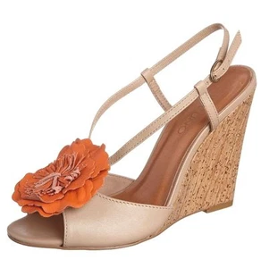 Via Uno Damen-Ledersandalen UK 6 beige 4 Zoll Keilabsatz Blumenmuster UVP 85 £ PORTOFREI - Bild 1 von 5