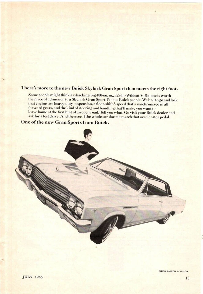 1965 Print Ad Buick Skylark Gran Sport 400 cu in 325 hp Wildcat V-8 Heavy Duty - Image 1 of 1