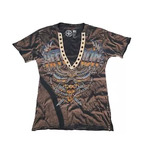 Vintage AFFLICTION Jersey Shore Style V Neck T Shirt Mens XS Wings Skulls Y2K - Picture 1 of 14