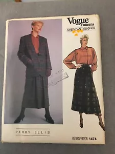 VTG 80s Vogue 1474 Perry Ellis Sewing Pattern Jacket Skirt Blouse Misses 12 - Picture 1 of 3